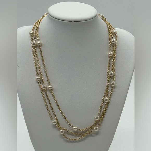 Vintage Joan Rivers 48" Gold Glass Pearl Station Layered Statement Necklace - Picture 2 of 6